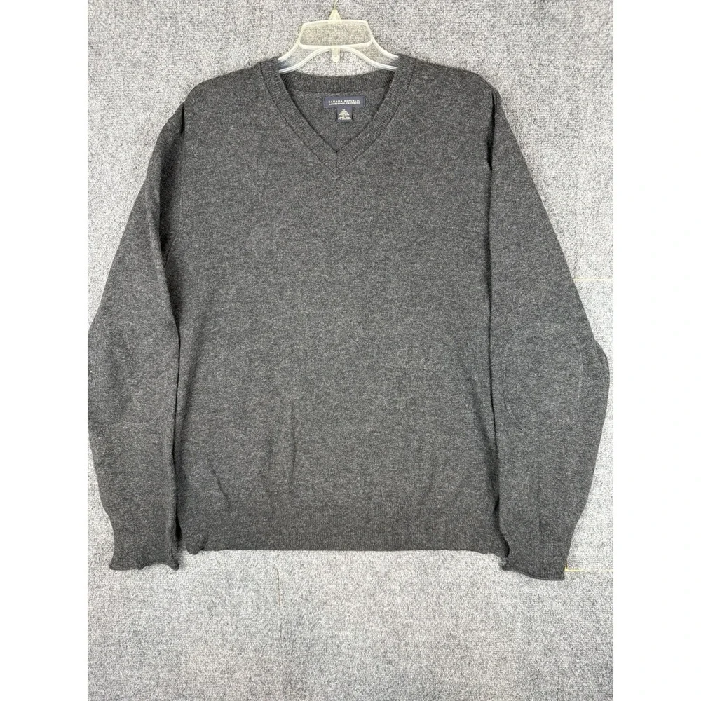 Banana Republic Cashmere Lambswool V-Neck Sweater Mens XL Gray Elbow Patch
